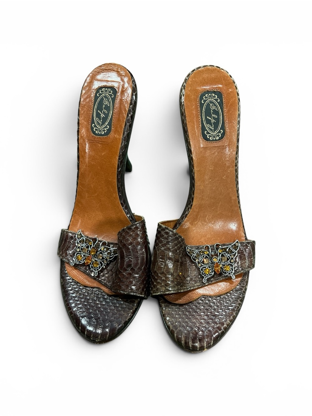 Vintage Brown Embossed Slide Heels with Decorative Buckle 8
